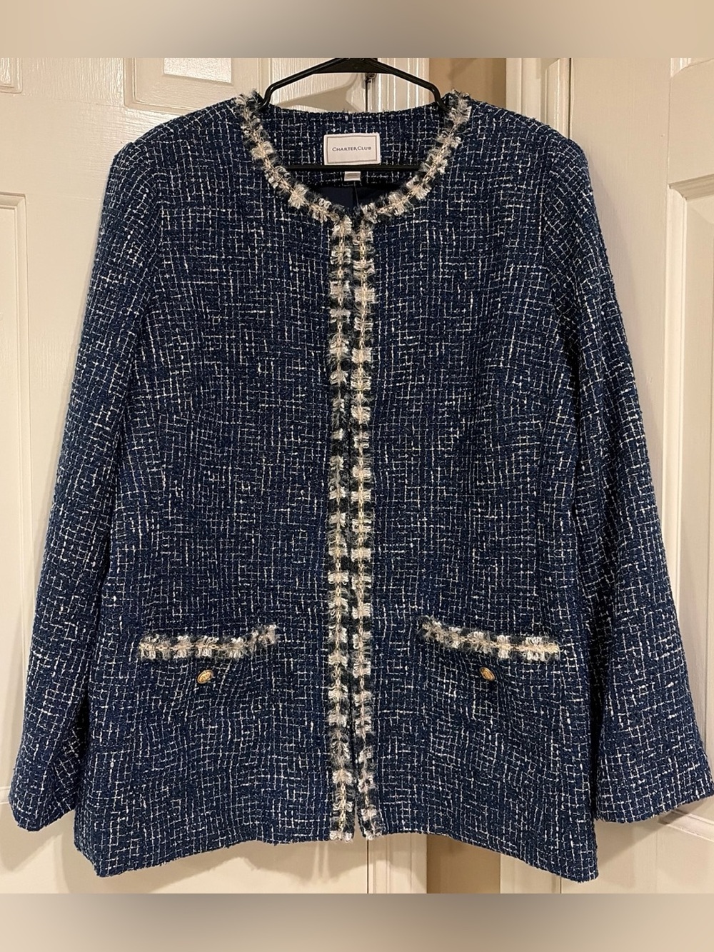 Charter Club Womens Navy Blue Tweed Fringe Trim Blazer Jacket Size XXL Hook Eye